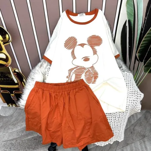 Đồ bộ quần đùi màu áo tay ngắn in hình chuột mickey