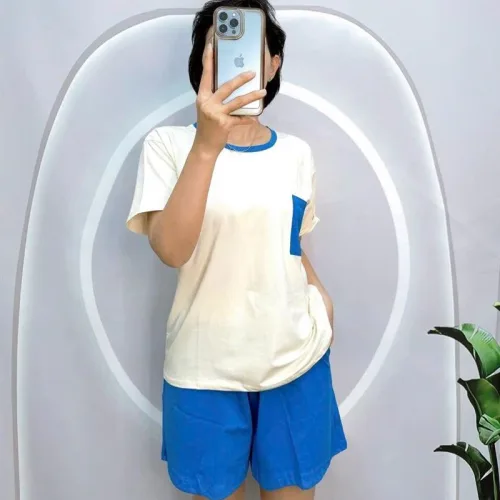 Đồ bộ quần đùi màu áo tay ngắn màu trắng phối túi