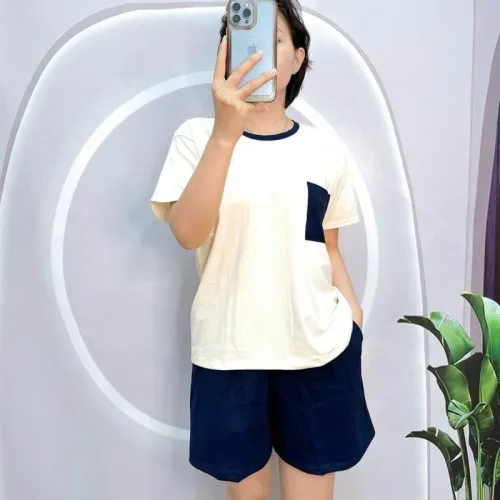 Đồ bộ quần đùi màu áo tay ngắn màu trắng phối túi