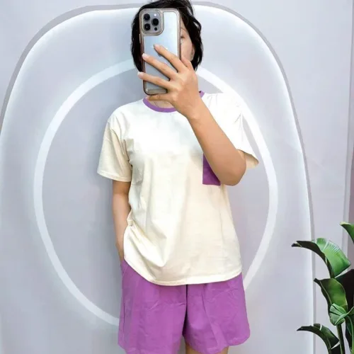 Đồ bộ quần đùi màu áo tay ngắn màu trắng phối túi