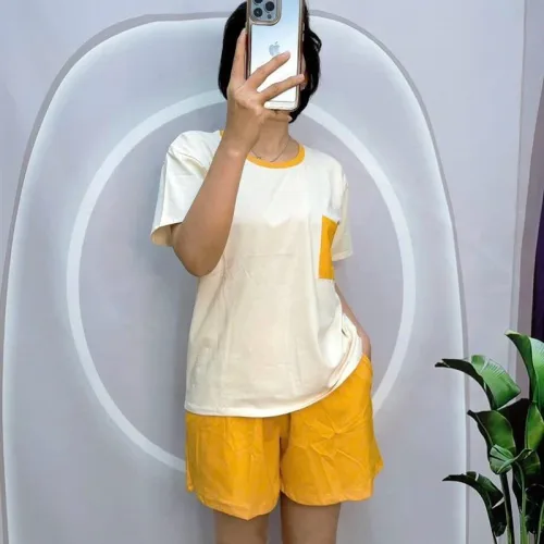 Đồ bộ quần đùi màu áo tay ngắn màu trắng phối túi