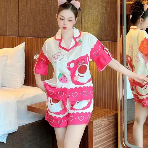 Đồ bộ quần đùi pijama áo tay ngắn cổ bẻ hoạ tiết
