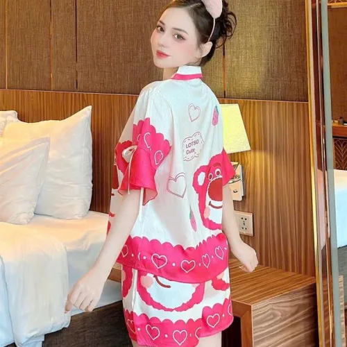 Đồ bộ quần đùi pijama áo tay ngắn cổ bẻ hoạ tiết
