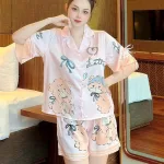 Đồ bộ quần đùi pijama áo tay ngắn cổ bẻ hoạ tiết