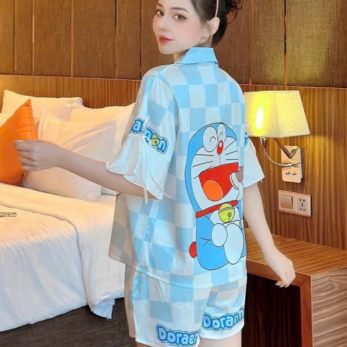 Đồ bộ quần đùi pijama áo tay ngắn cổ bẻ hoạ tiết