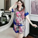 Đồ bộ quần đùi pijama áo tay ngắn cổ bẻ hoạ tiết