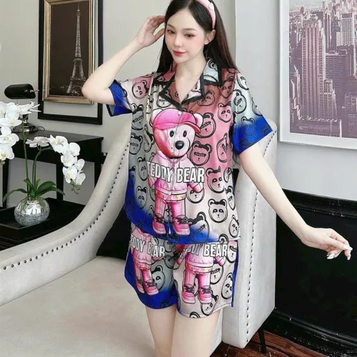 Đồ bộ quần đùi pijama áo tay ngắn cổ bẻ hoạ tiết