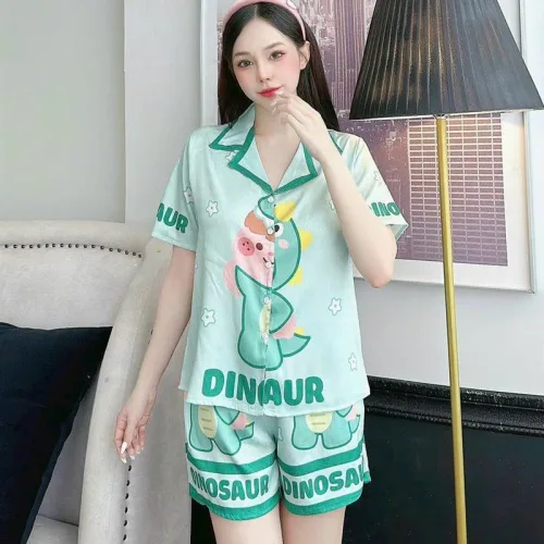 Đồ bộ quần đùi pijama áo tay ngắn cổ bẻ hoạ tiết