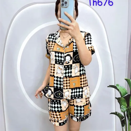 Đồ bộ quần đùi pijama áo tay ngắn cổ bẻ hoạ tiết