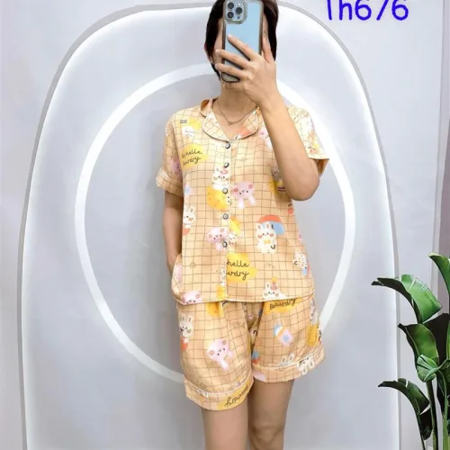 Đồ bộ quần đùi pijama áo tay ngắn cổ bẻ hoạ tiết