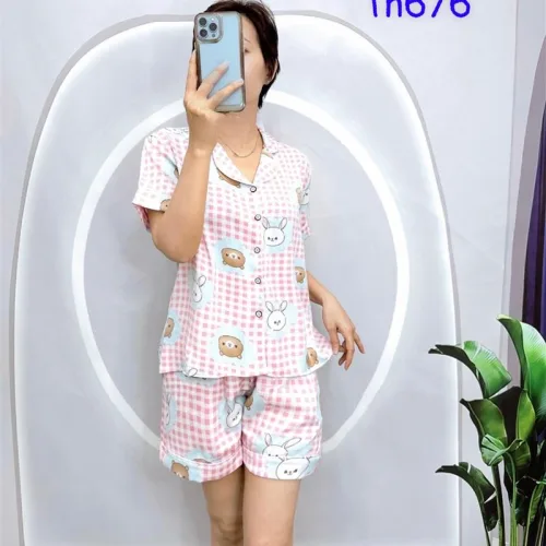 Đồ bộ quần đùi pijama áo tay ngắn cổ bẻ hoạ tiết