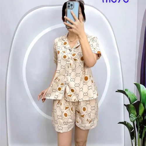 Đồ bộ quần đùi pijama áo tay ngắn cổ bẻ hoạ tiết