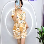 Đồ bộ quần đùi pijama áo tay ngắn cổ bẻ hoạ tiết