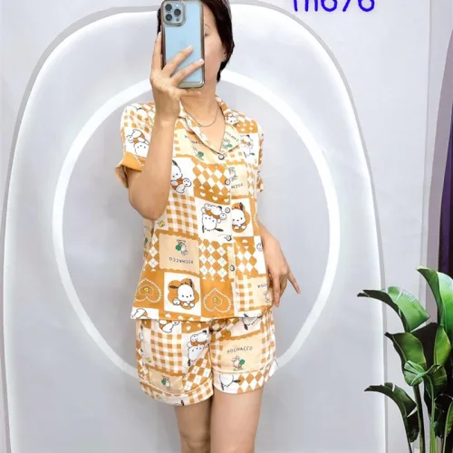 Đồ bộ quần đùi pijama áo tay ngắn cổ bẻ hoạ tiết