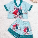 Đồ bộ quần đùi pijama áo tay ngắn cổ bẻ hoạ tiết