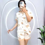 Đồ bộ quần đùi pijama áo tay ngắn cổ bẻ hoạ tiết