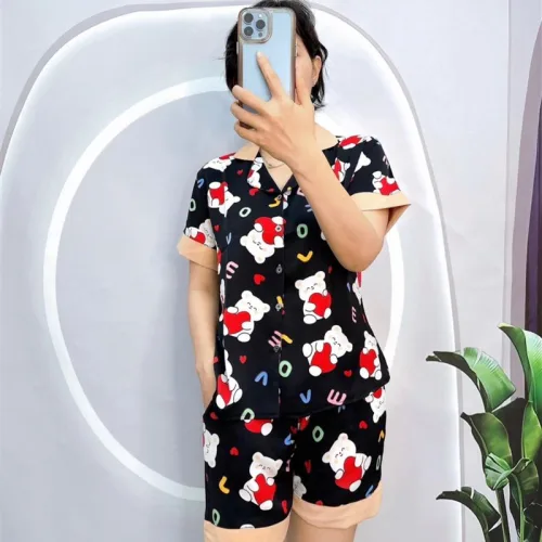 Đồ bộ quần đùi pijama áo tay ngắn cổ bẻ hoạ tiết