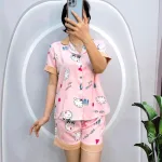 Đồ bộ quần đùi pijama áo tay ngắn cổ bẻ hoạ tiết