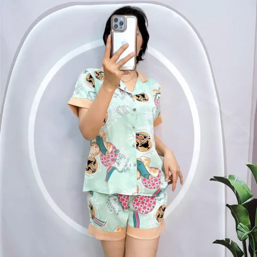 Đồ bộ quần đùi pijama áo tay ngắn cổ bẻ hoạ tiết