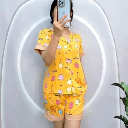 Đồ bộ quần đùi pijama áo tay ngắn cổ bẻ hoạ tiết