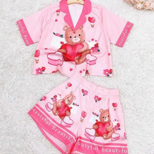 Đồ bộ quần đùi pijama áo tay ngắn cổ bẻ hoạ tiết