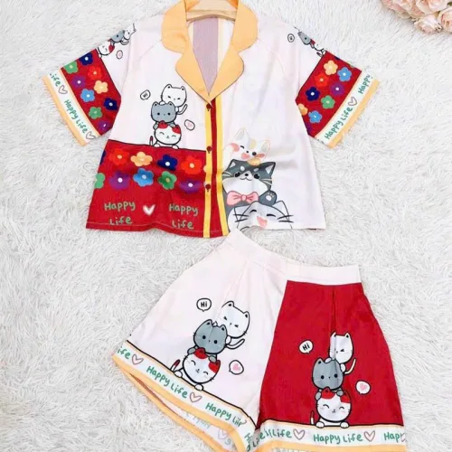 Đồ bộ quần đùi pijama áo tay ngắn cổ bẻ hoạ tiết