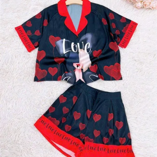 Đồ bộ quần đùi pijama áo tay ngắn cổ bẻ hoạ tiết