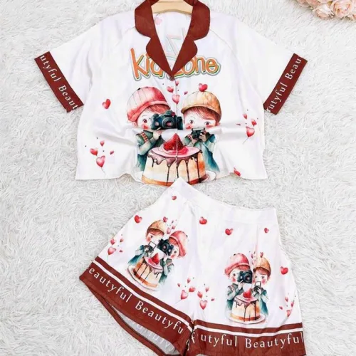 Đồ bộ quần đùi pijama áo tay ngắn cổ bẻ hoạ tiết