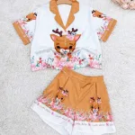 Đồ bộ quần đùi pijama áo tay ngắn cổ bẻ hoạ tiết