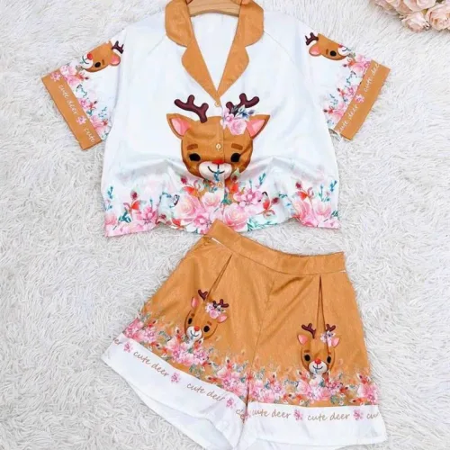 Đồ bộ quần đùi pijama áo tay ngắn cổ bẻ hoạ tiết