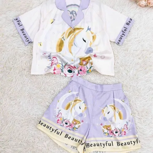 Đồ bộ quần đùi pijama áo tay ngắn cổ bẻ hoạ tiết