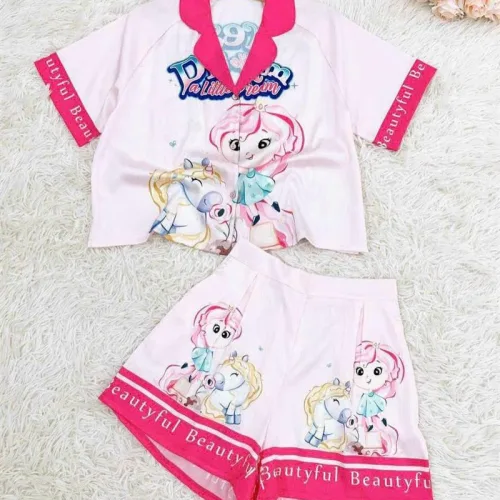 Đồ bộ quần đùi pijama áo tay ngắn cổ bẻ hoạ tiết