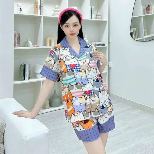 Đồ bộ quần đùi pijama áo tay ngắn cổ bẻ hoạ tiết