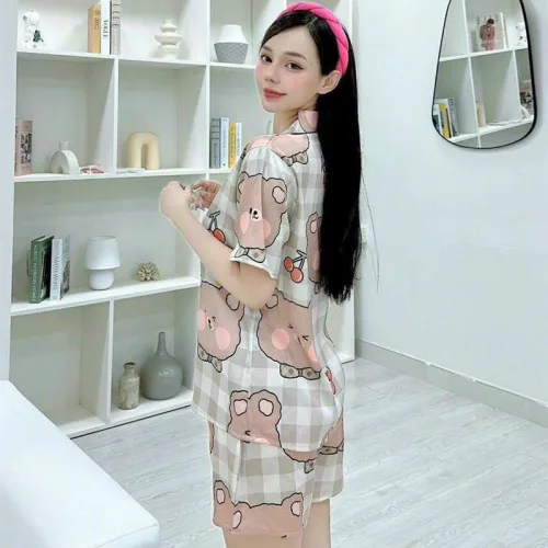 Đồ bộ quần đùi pijama áo tay ngắn cổ bẻ hoạ tiết
