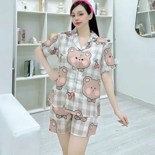 Đồ bộ quần đùi pijama áo tay ngắn cổ bẻ hoạ tiết