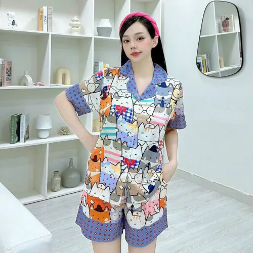 Đồ bộ quần đùi pijama áo tay ngắn cổ bẻ hoạ tiết