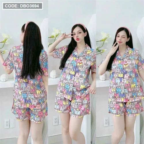 Đồ bộ quần đùi pijama áo tay ngắn cổ bẻ hoạ tiết