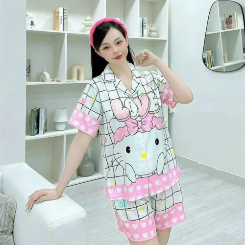 Đồ bộ quần đùi pijama áo tay ngắn cổ bẻ hoạ tiết