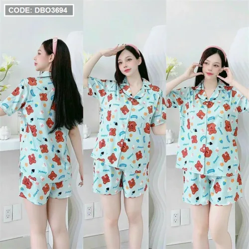 Đồ bộ quần đùi pijama áo tay ngắn cổ bẻ hoạ tiết