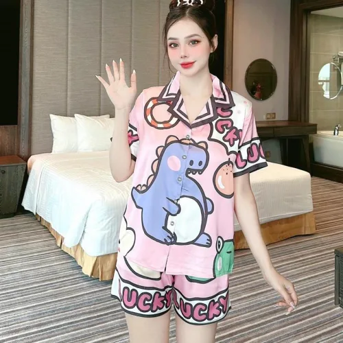 Đồ bộ quần đùi pijama áo tay ngắn cổ bẻ hoạ tiết