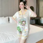 Đồ bộ quần đùi pijama áo tay ngắn cổ bẻ hoạ tiết