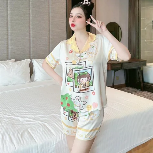 Đồ bộ quần đùi pijama áo tay ngắn cổ bẻ hoạ tiết