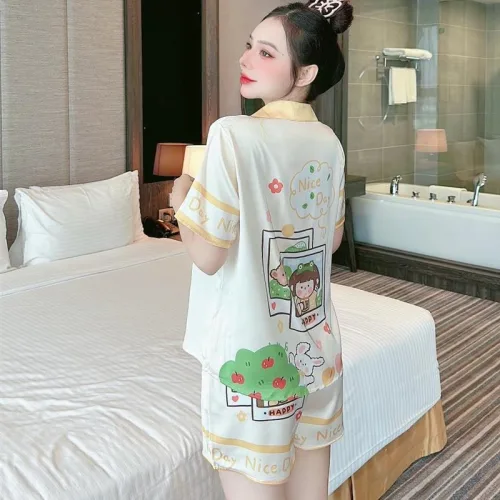 Đồ bộ quần đùi pijama áo tay ngắn cổ bẻ hoạ tiết