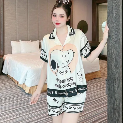 Đồ bộ quần đùi pijama áo tay ngắn cổ bẻ hoạ tiết