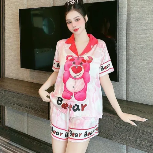 Đồ bộ quần đùi pijama áo tay ngắn cổ bẻ hoạ tiết