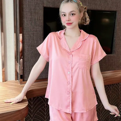 Đồ bộ quần đùi pijama áo tay ngắn cổ bẻ màu trơn