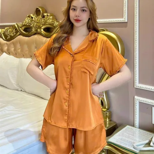 Đồ bộ quần đùi pijama áo tay ngắn cổ bẻ màu trơn