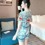 Đồ bộ quần đùi pijama áo tay ngắn cổ vuông hoạ tiết