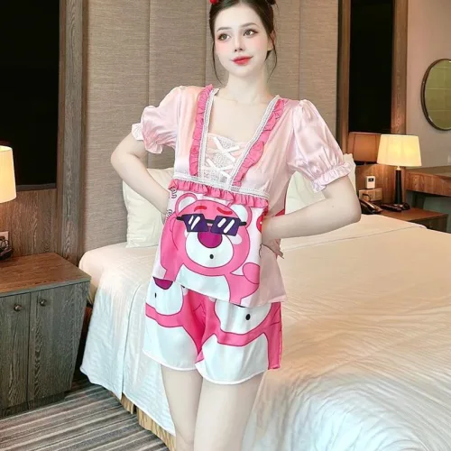 Đồ bộ quần đùi pijama áo tay ngắn cổ vuông hoạ tiết