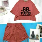Đồ bộ quần đùi rút dây áo crop in số